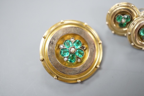 A suite of yellow metal, green paste and simulated seed pearl set jewellery, comprising a brooch, 30mm and pair of earrings, gross weight 10 grams.